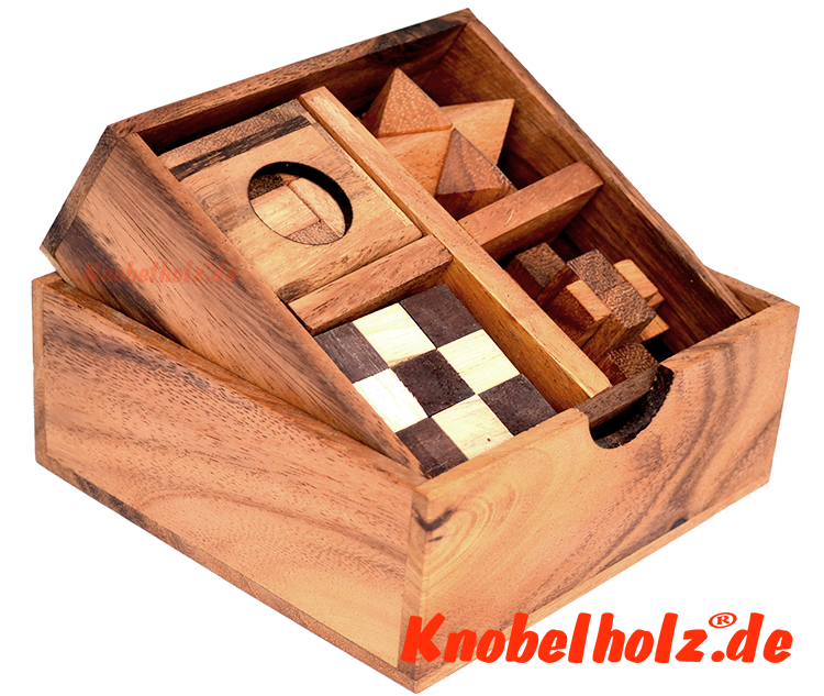 Holzpuzzle-Sammlung mit 4 Rätseln in einer Holzkiste für den Großhandel