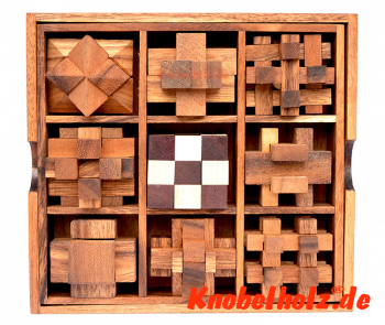 Holzpuzzle Knobelbox mit 9 Knobelspielen snake cube, brick puzzle, teufelsknoten, star puzzle, interlock puzzle