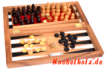 Backgammon mit Schach als Spielesammlung in einer Holzbox Strategiespiel und Würfelspiel mit den Maßen 15,2 x 30,0 x 8 cm