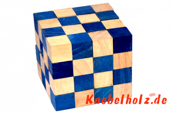 Cobra Würfel Snake Cube blau Schlangenwürfel 4x4x4 large 3D Puzzle für eine Person in den Maßen 8,0 x 8,0 x 8,0 cm, samanea wooden puzzle brain teaser