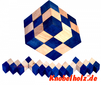 Snake Cube Blau Puzzle der Level Box aus Holz, einer der 6 Schlangenwürfel aus der Snake Cube Levelbox, eine Puzzle Sammlung die Würfelschlange in den Maßen 6,0 x  6,0 x 6,0 cm Samanea Holz, Monkey Pod