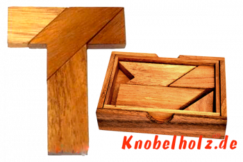 T Puzzle Box Buchstaben T Holzpuzzle Wooden Game Tangram mit 4 Holzteilen in den Maßen 7,6 x 11,8 x 2,0 cm, samanea brain teaser